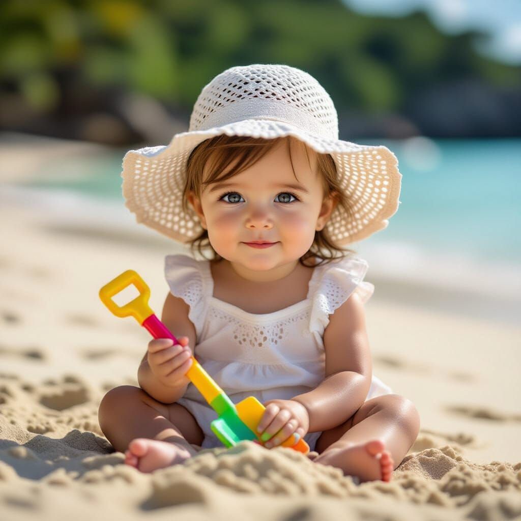 Hyperrealistic Toddler Girl on Beach with Sun Hat