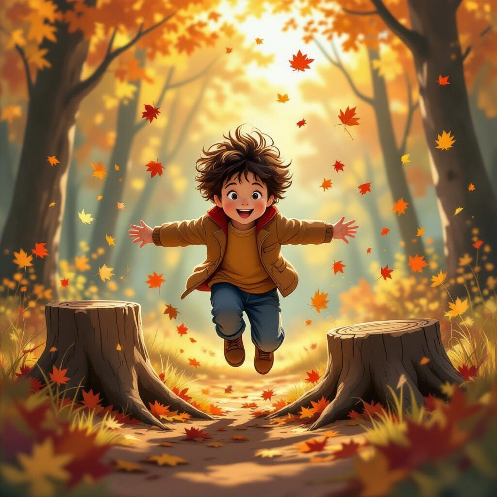 Joyful Child Mid-Jump Over Tree Stumps in Autumn Forest