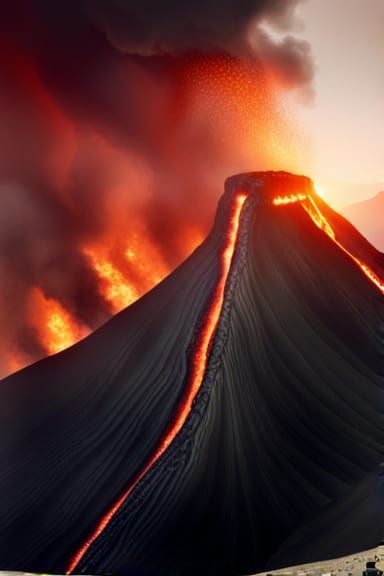 A realistic image of a group of friends hiking to the rim of an erupting volcano , with a violent explosion of lava and ...