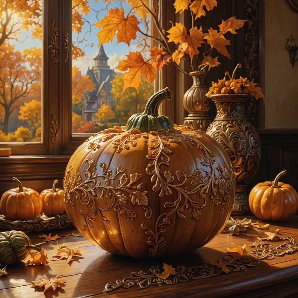 Gourd in Autumn Scene, Vibrant Oil Painting