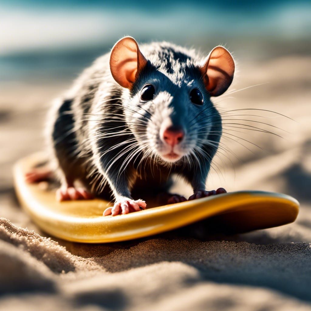 Hyperrealistic Rat Surfing on the Beach