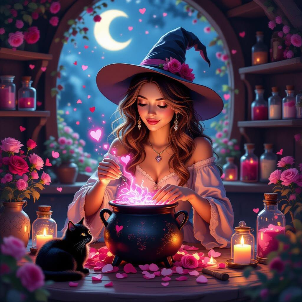 Romantic Witch Brews Love Potion Under Moonlight