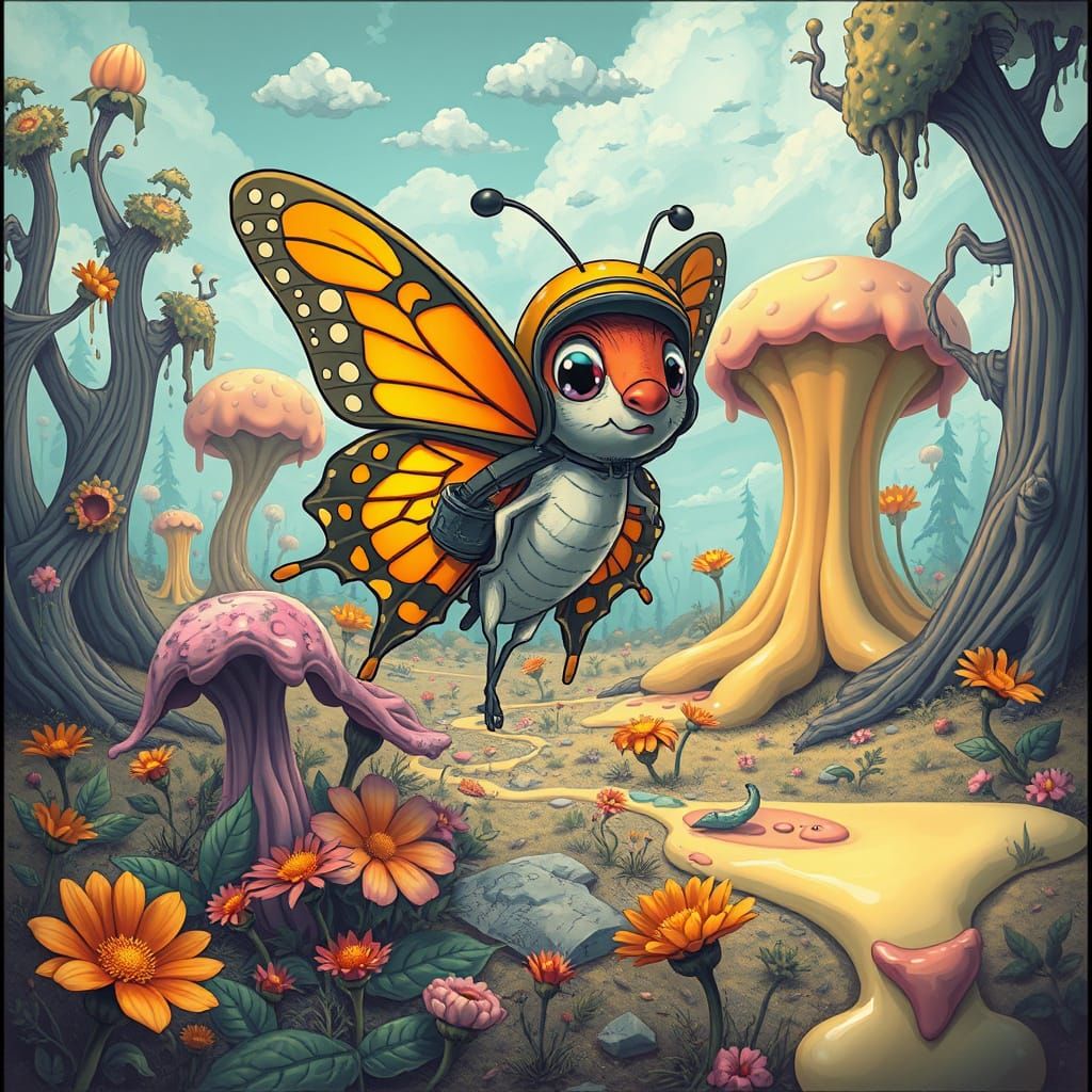 A comically confused butterfly in some weird unusual perdicuments