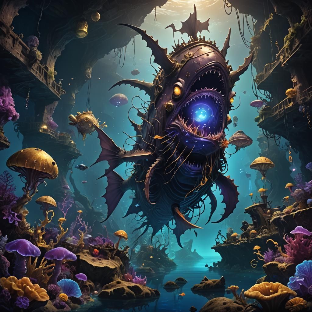 Underwater Anglerfish Cavern in Dark Fantasy Style