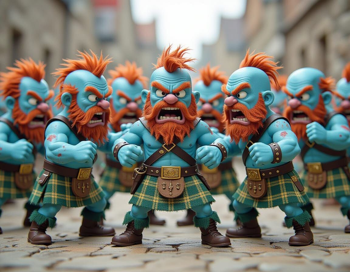 Cartoonish Blue Kilted Men Fighting
