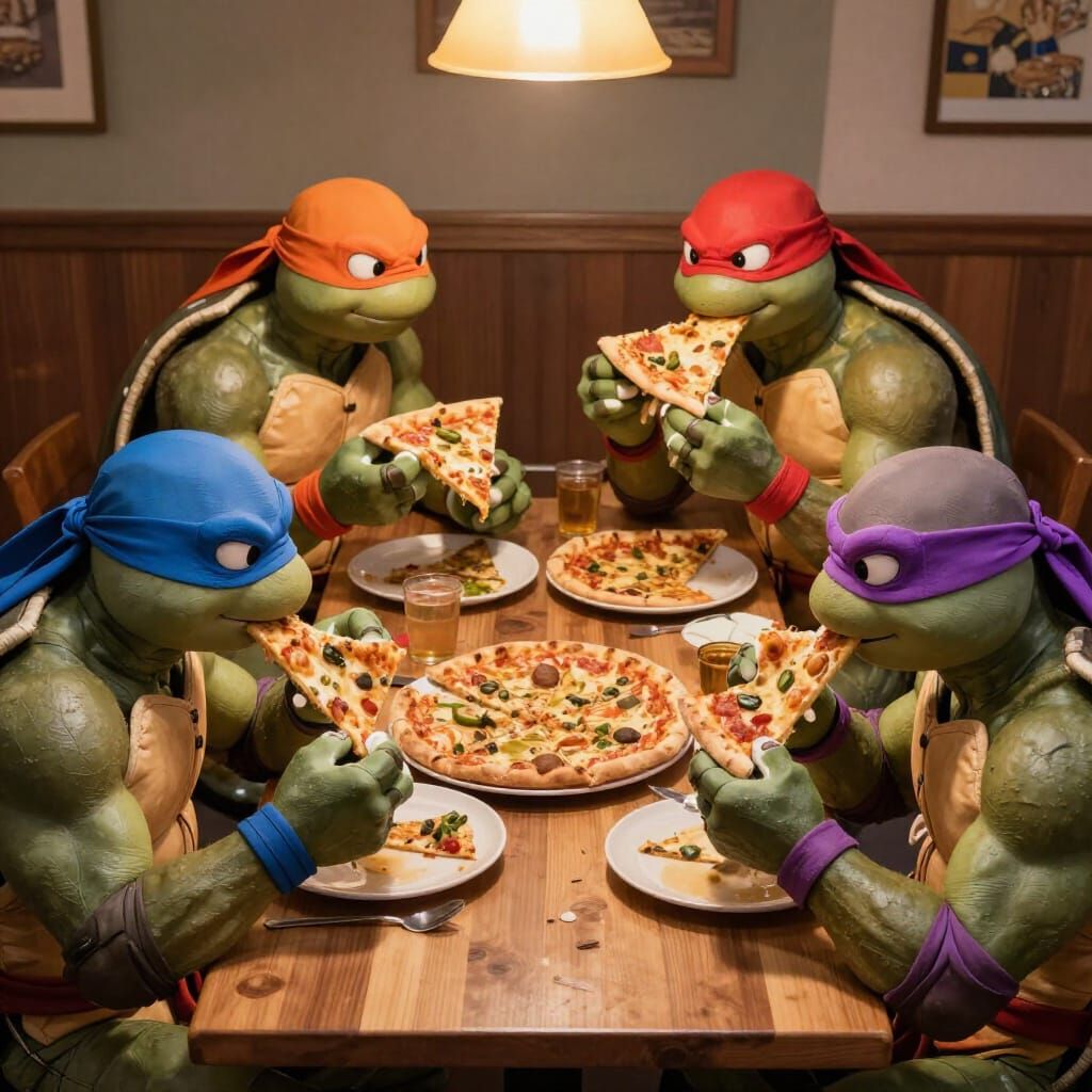 Ninja Turtles Enjoying Pizza Together