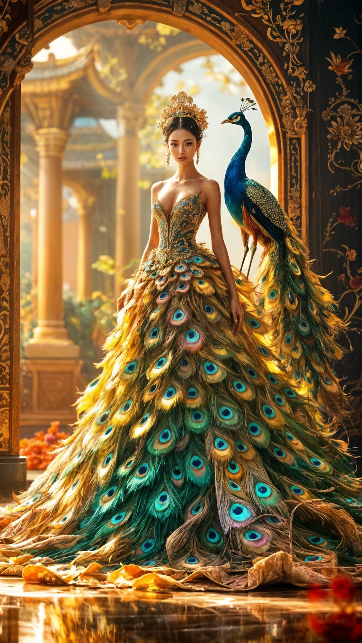 Regal Peacock Goddess in Haute Couture Opulence