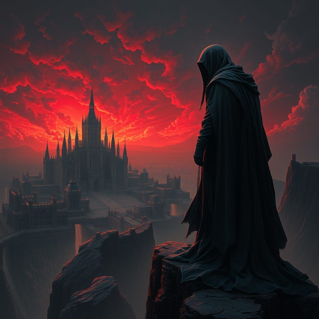 Brooding Figure Gazing Over Mystical Gothic City