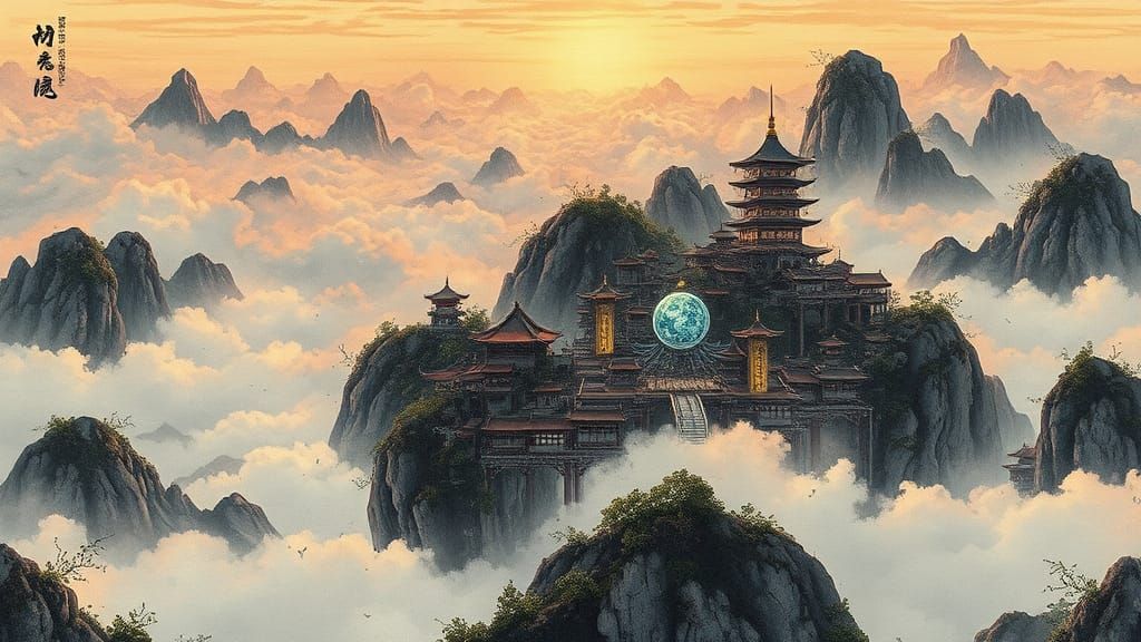 Steampunk Cloud City in Chinese Landscape Ink Art