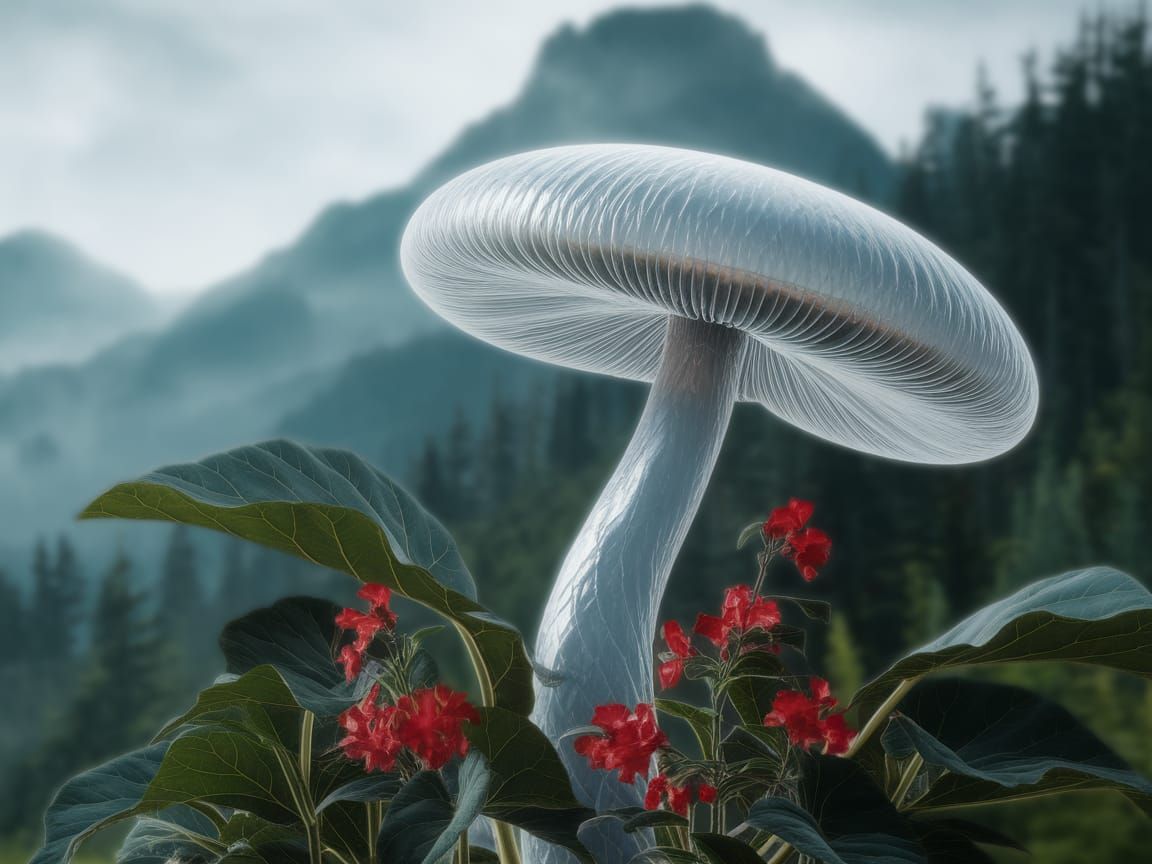Surreal Futuristic Mushroom in Hyper-Realistic Landscape