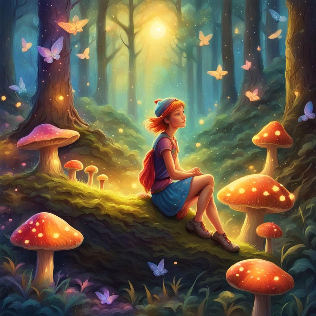 Pixie on Mushroom in Forest Clearing: Fantasy Art