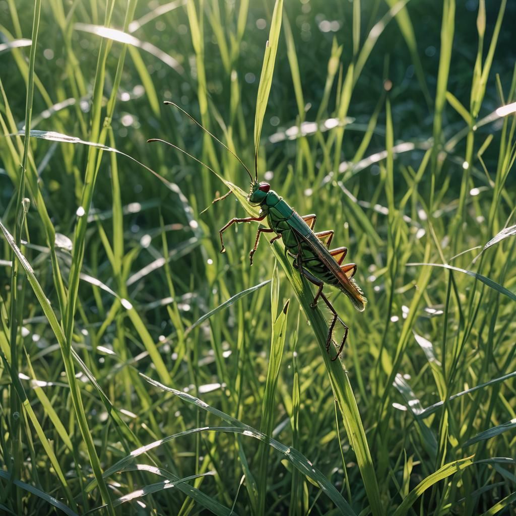 Cricket on Grass: Anime-Inspired Macro Photograph