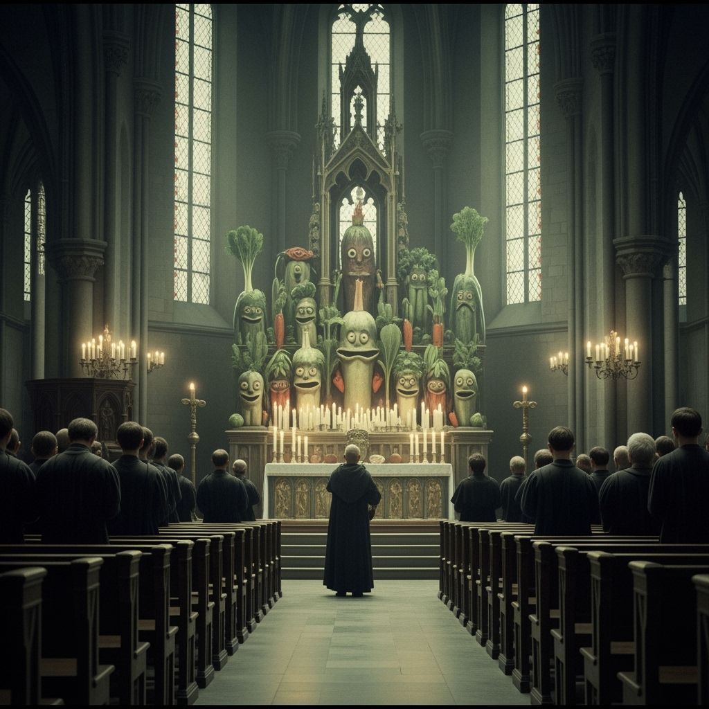 a solemn vegetable worship cult gathers