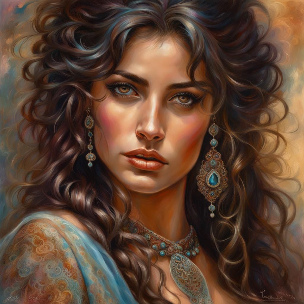 Beautiful Gypsy Girl in Market Street, Digital Painting
