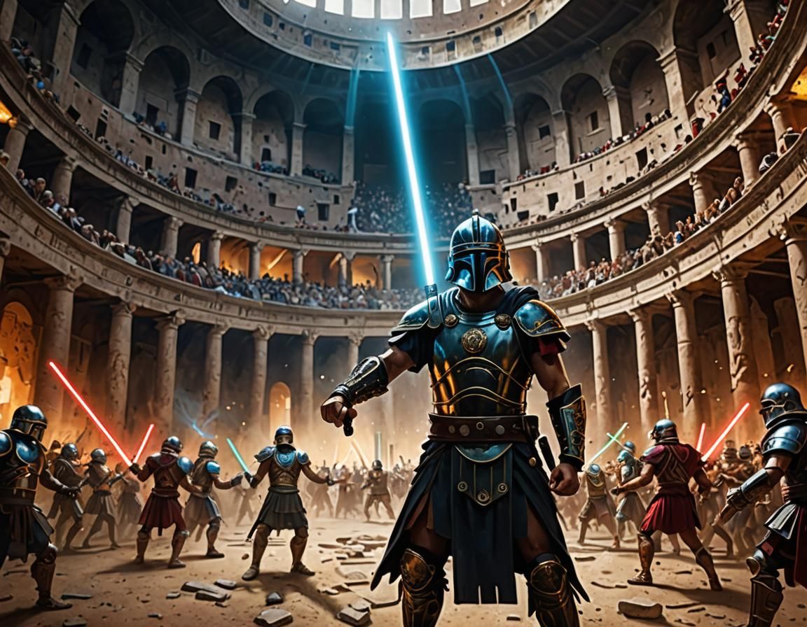 Gladiator with Lightsaber in Futuristic Colosseum