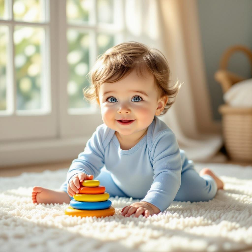 Adorable Baby Boy Playing with Rings in Warm Sunlight