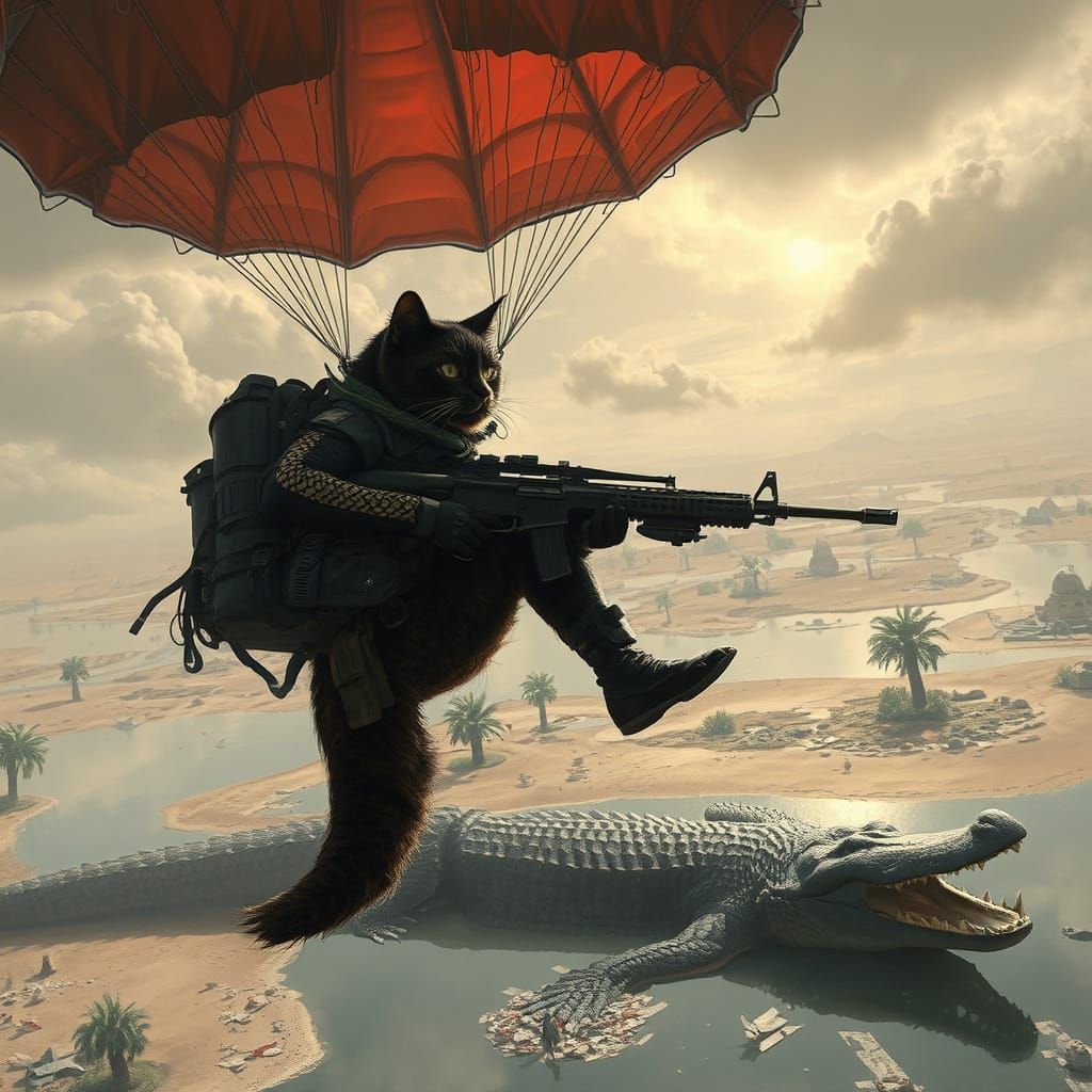 Cat Soldier Parachuting Over Crocodile Lake, Doré Style