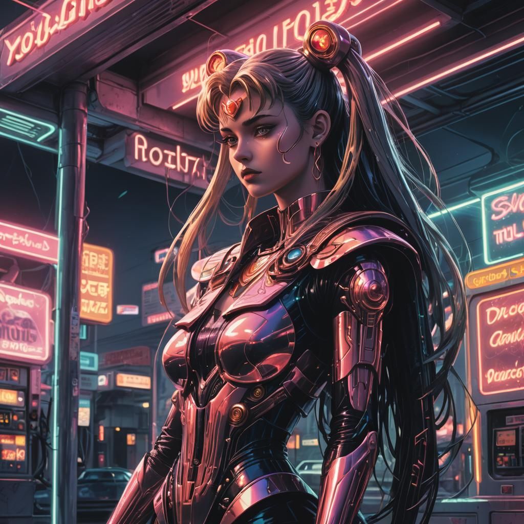 Sailor Moon at an Alien Gas Station in Cyberpunk Style