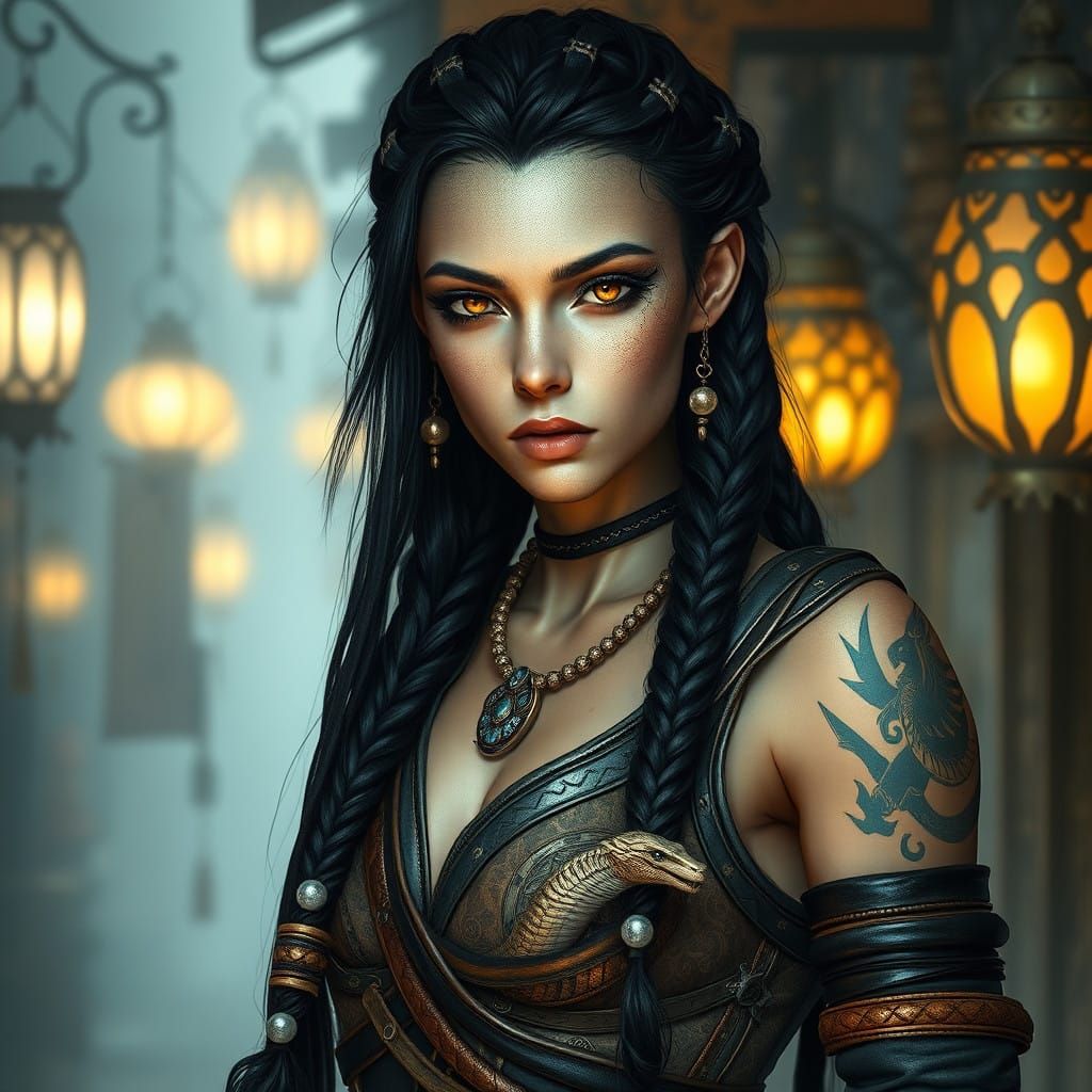 Ethereal Warrior Woman with Dragon Tattoo and Shimmering Sca...