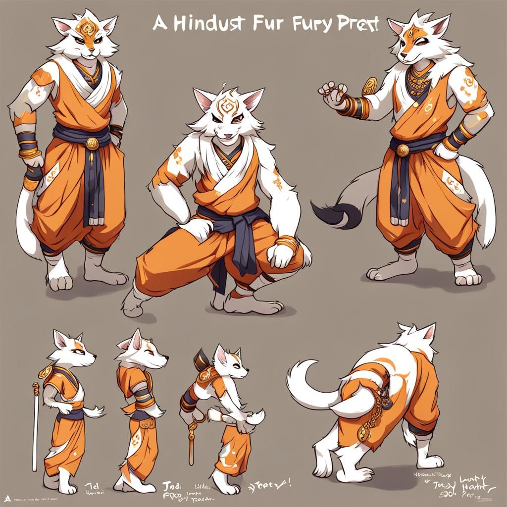 Hindu-Inspired Furry Monk Reference Sheet in Anime Style