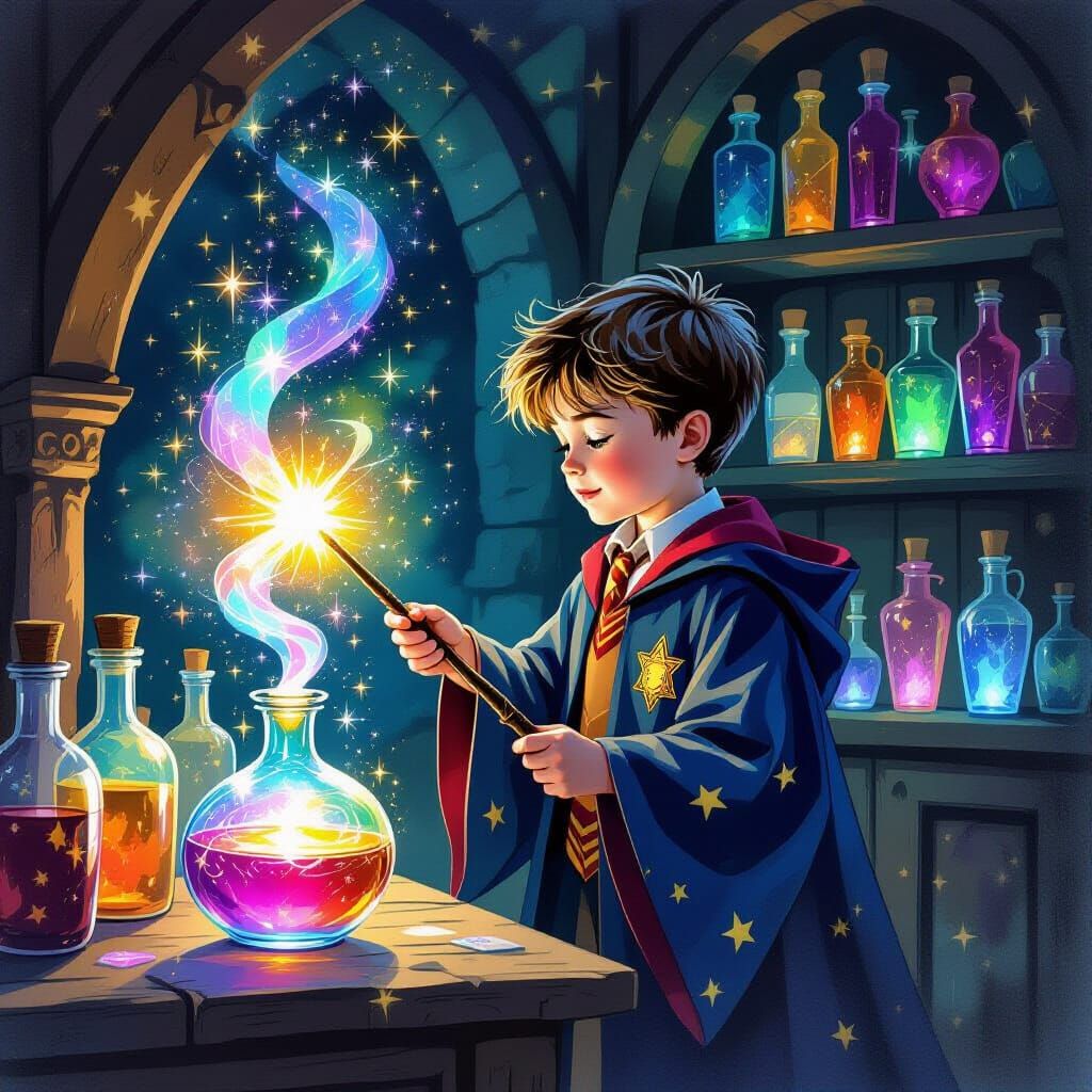 Young Wizard Brews Potion in Magical Library