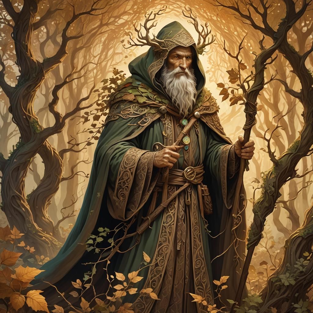 Druid with Wooden Staff in Folk-Art Style