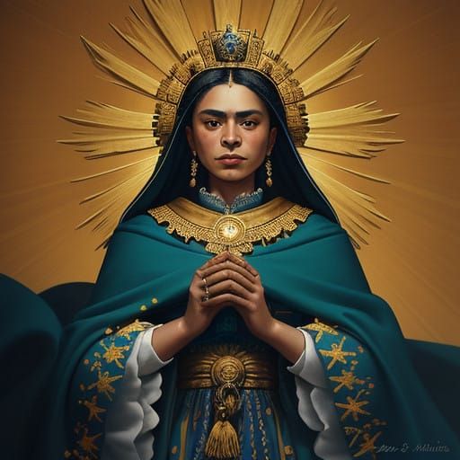 Divine Blue Madonna Radiates Kindness under Golden Skies