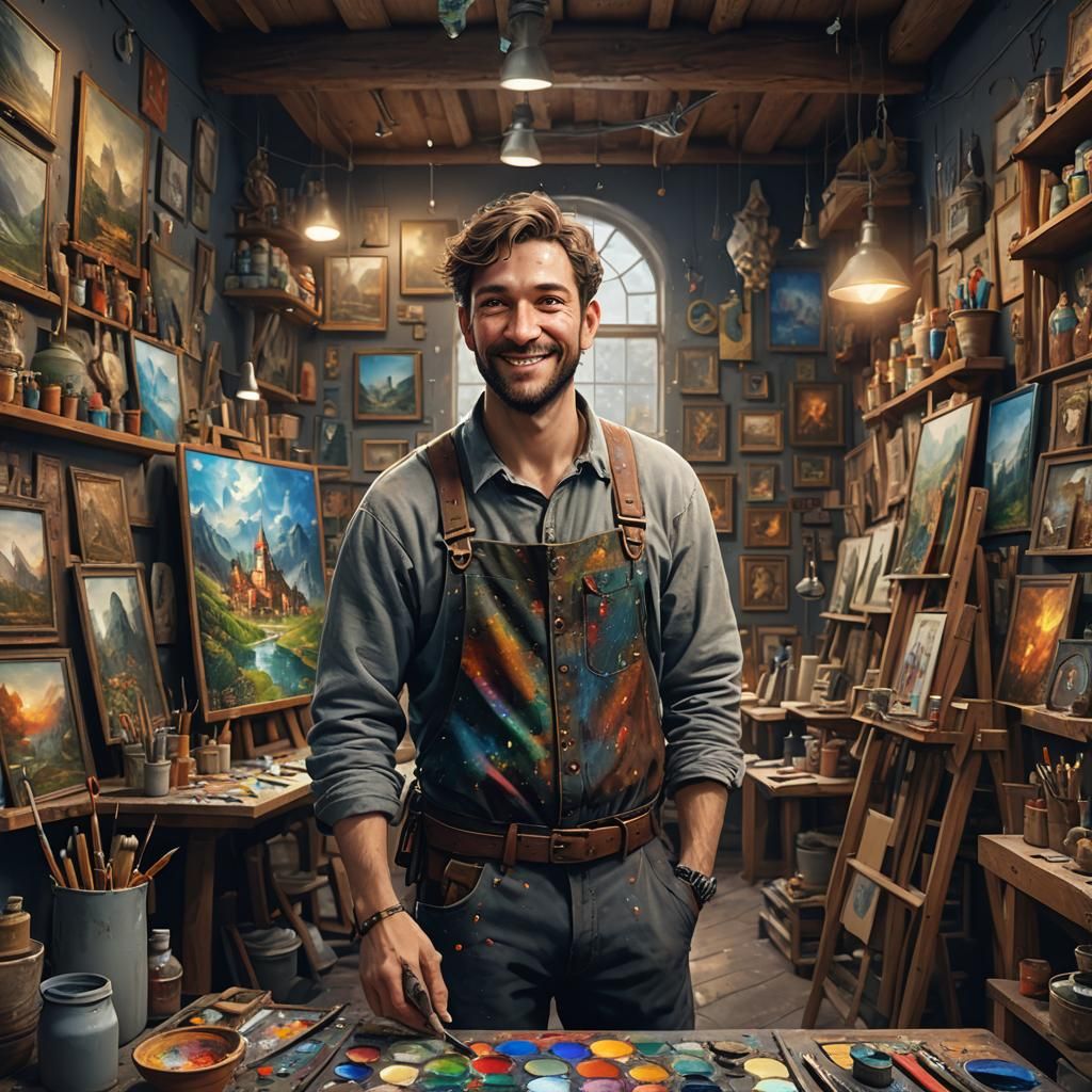 Painter in Art Studio: Detailed Matte Painting