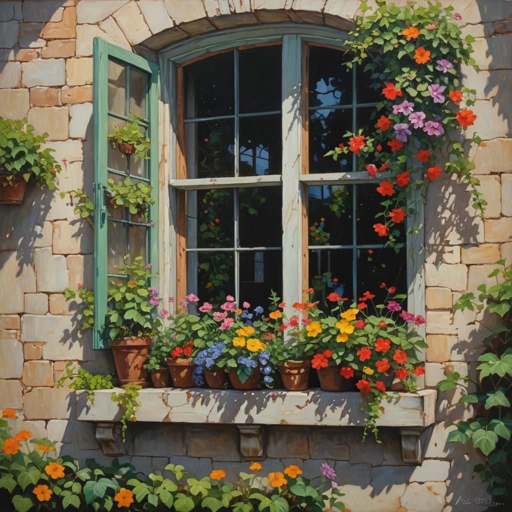 Picturesque Window Box in Oil Painting Style