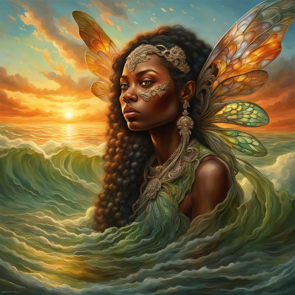 African American Fairy Emerges from Water at Sunrise
