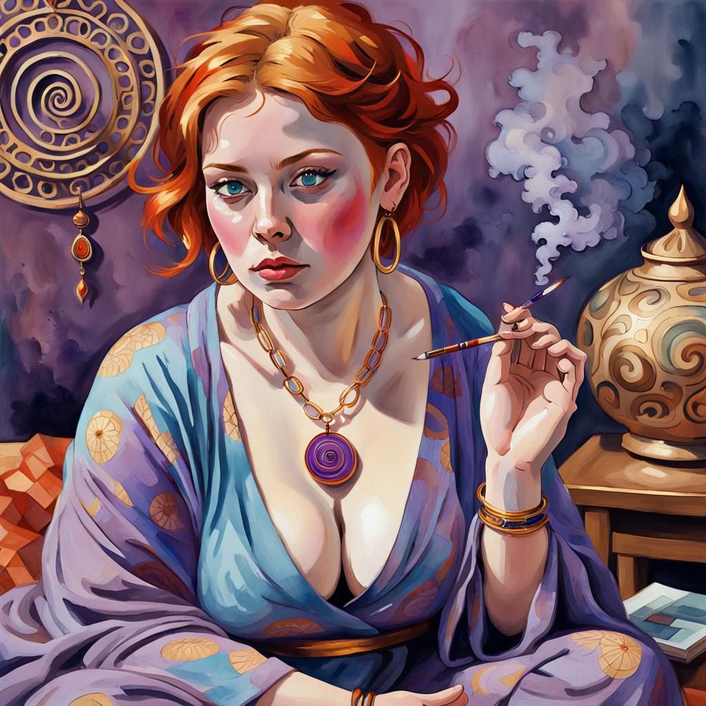 Hypnotic Ginger Woman in Yoga Pose, Gouache Impressionism