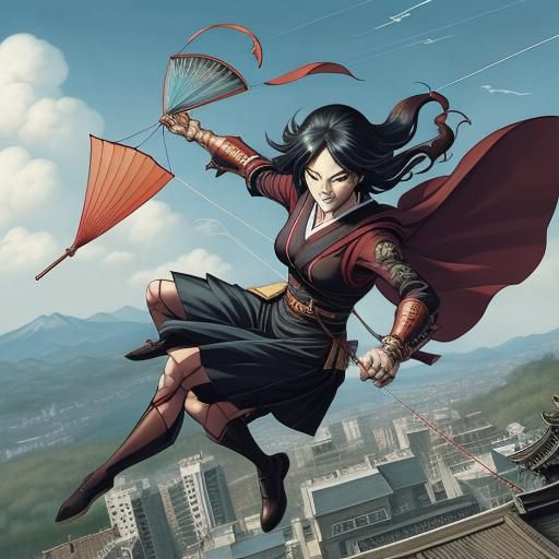 Gothic Japanese Girl Flying Kite Comic Art