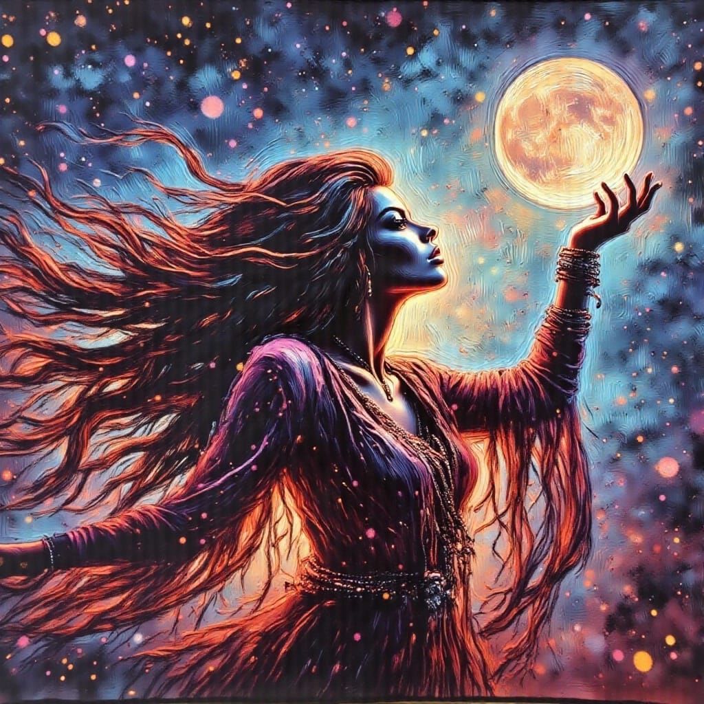 Moonlit Woman Reaching for Stars: Hyperrealistic Splash Art