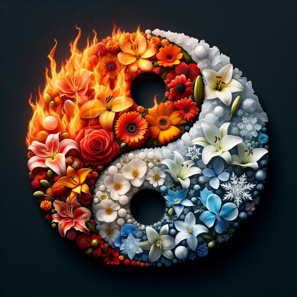 Yin Yang Symbol of Fire and Ice Elemental Flowers