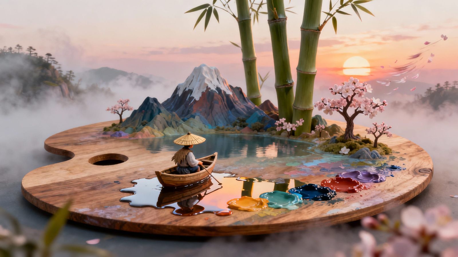 Japanese Fisherman on Paint Pallet with Mountain Lake