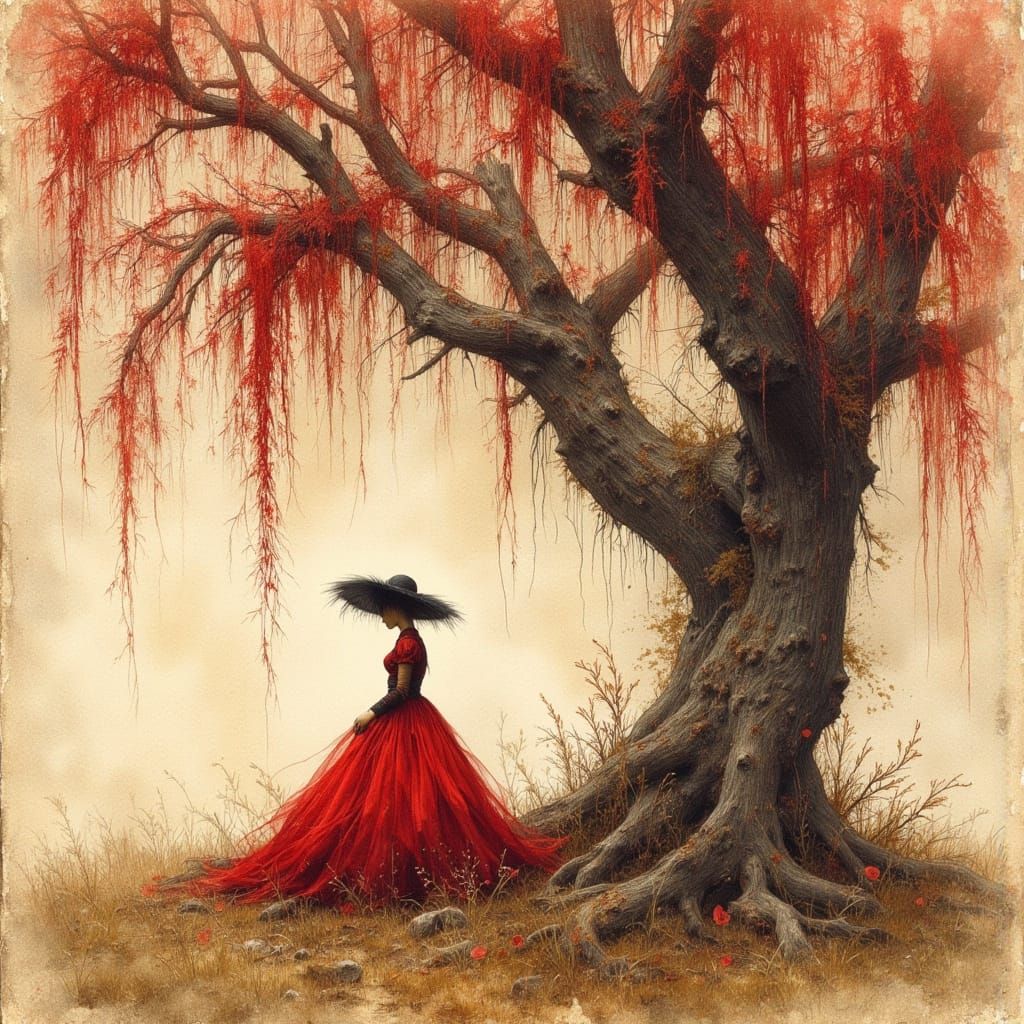 Gloomy Lady under Weeping Willow in Watercolor and Ink