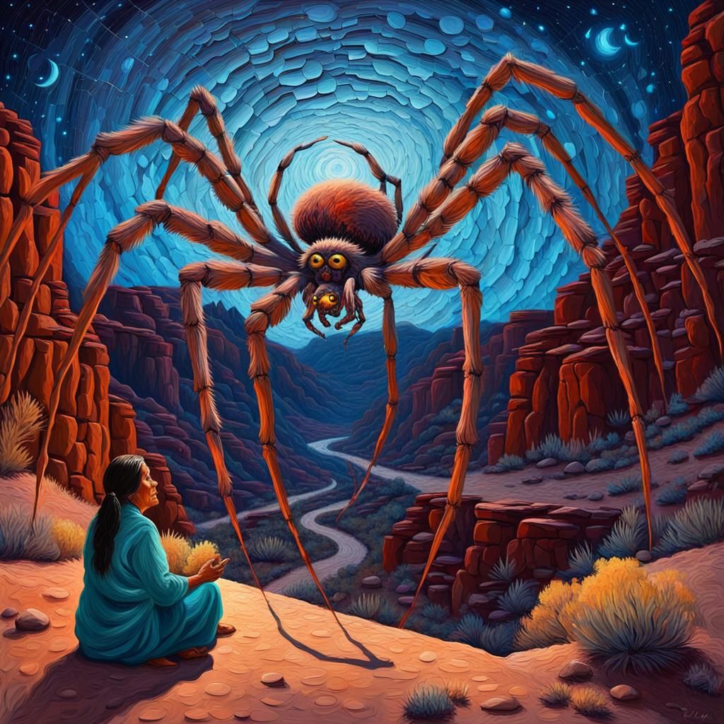 Native American Woman and Spider, Impasto Oil Painting
