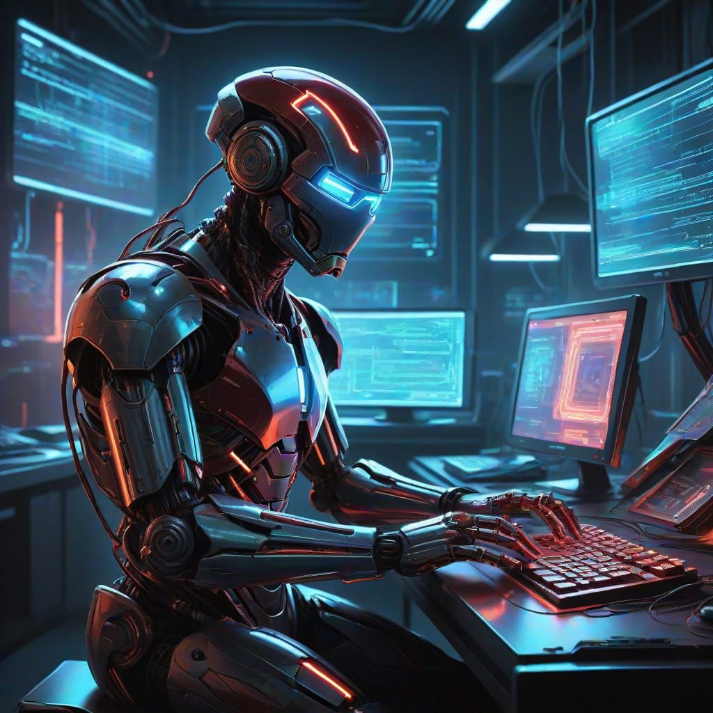 Futuristic Coding Assistant in Cyberpunk Workspace