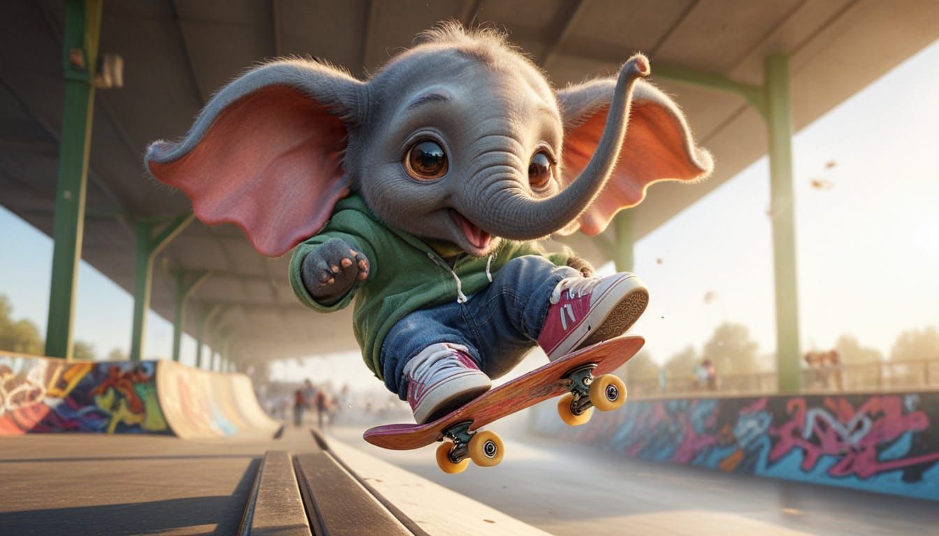 Cute Elephant Skateboarder Catching Air in Skateboard Park