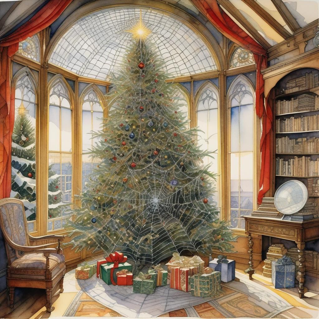 Christmas Tree Decorated with Spiderwebs: Watercolor Ink Dra...