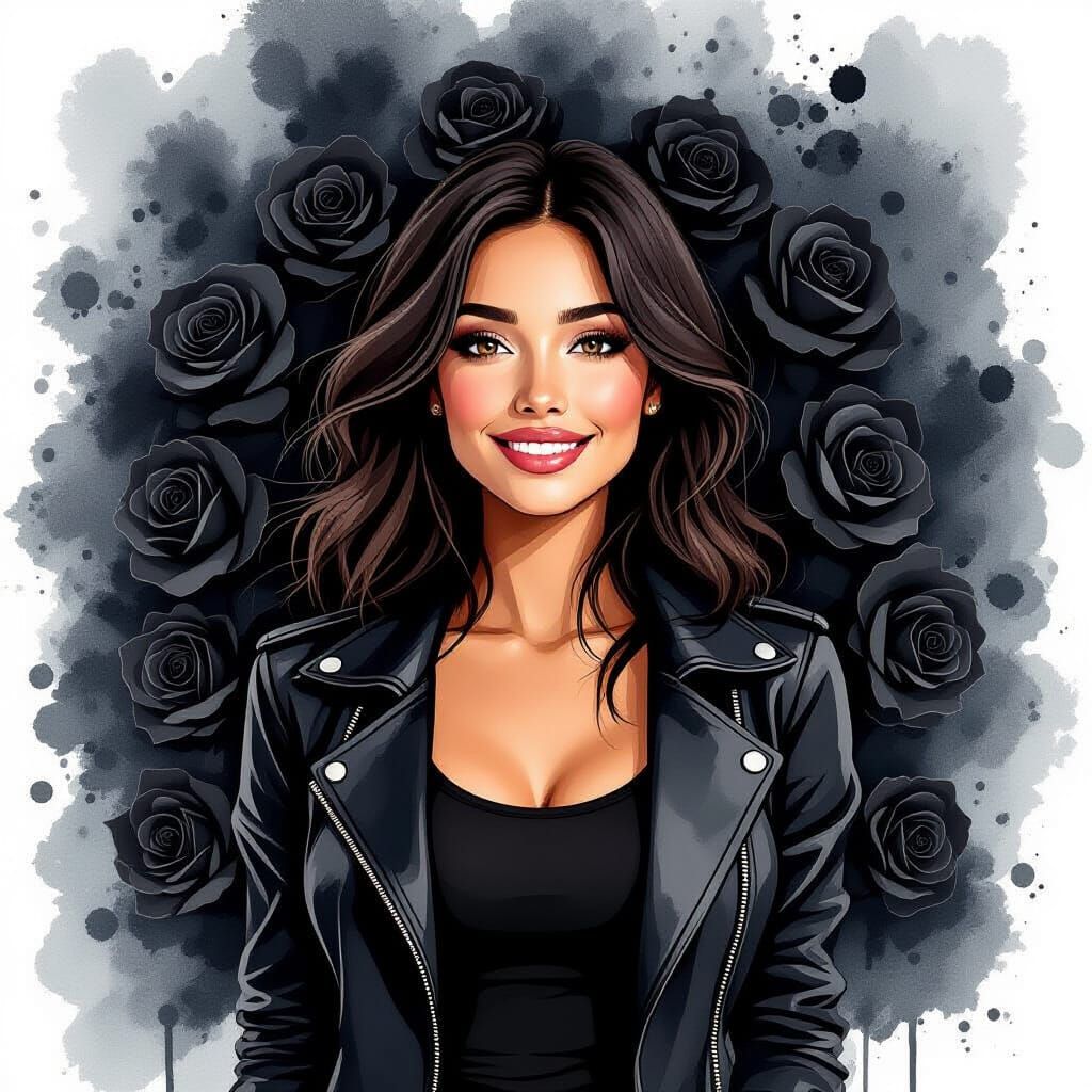 Woman Smiling in Black Roses, Alcohol Ink Splatter Style