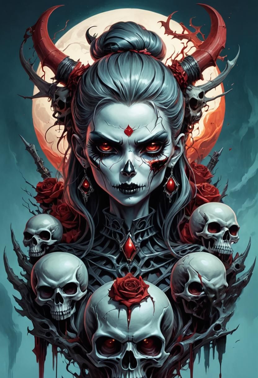 Surreal Halloween Beauty with Skulls and Red Lips