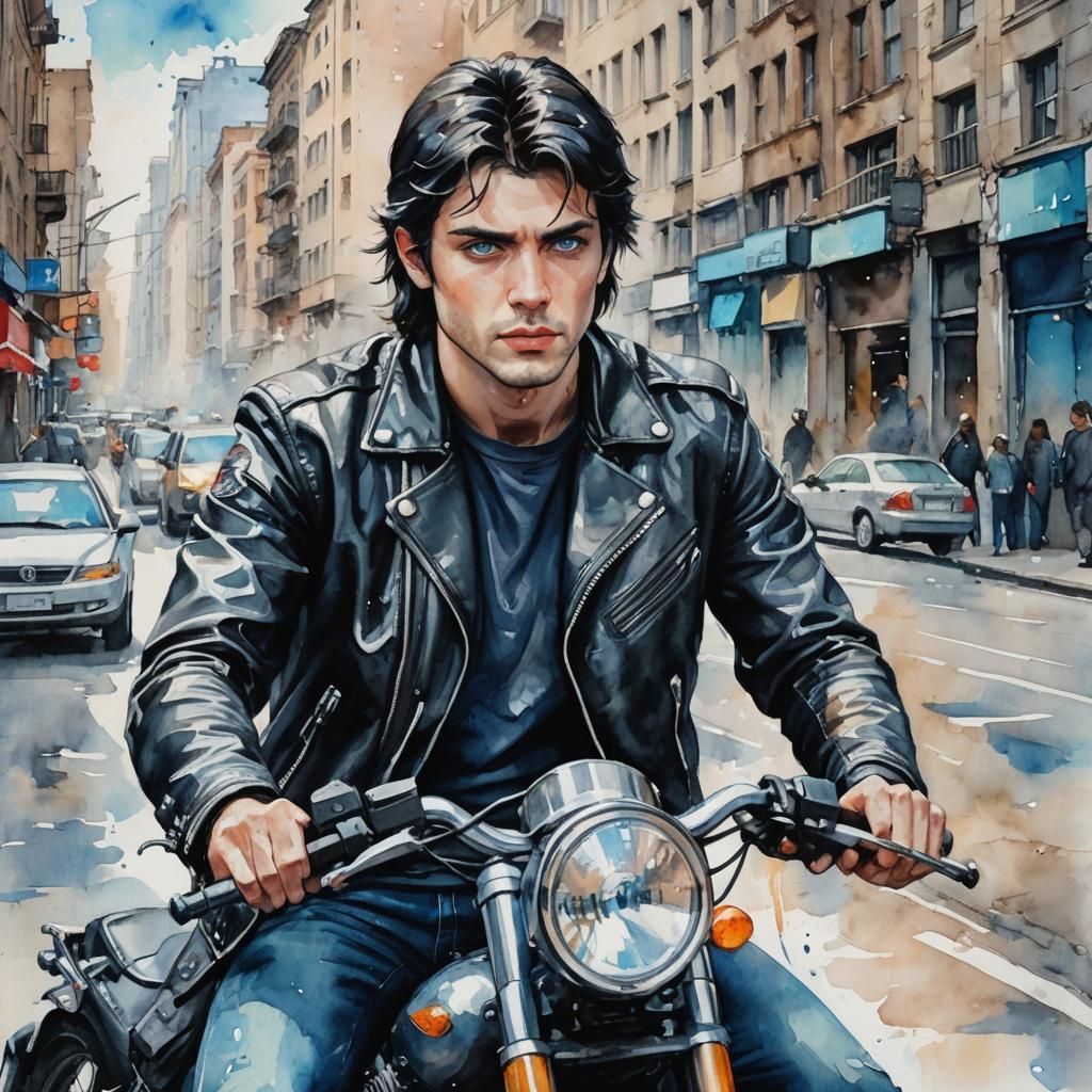 Motorcycle Rider in City Street, as Watercolor Painting