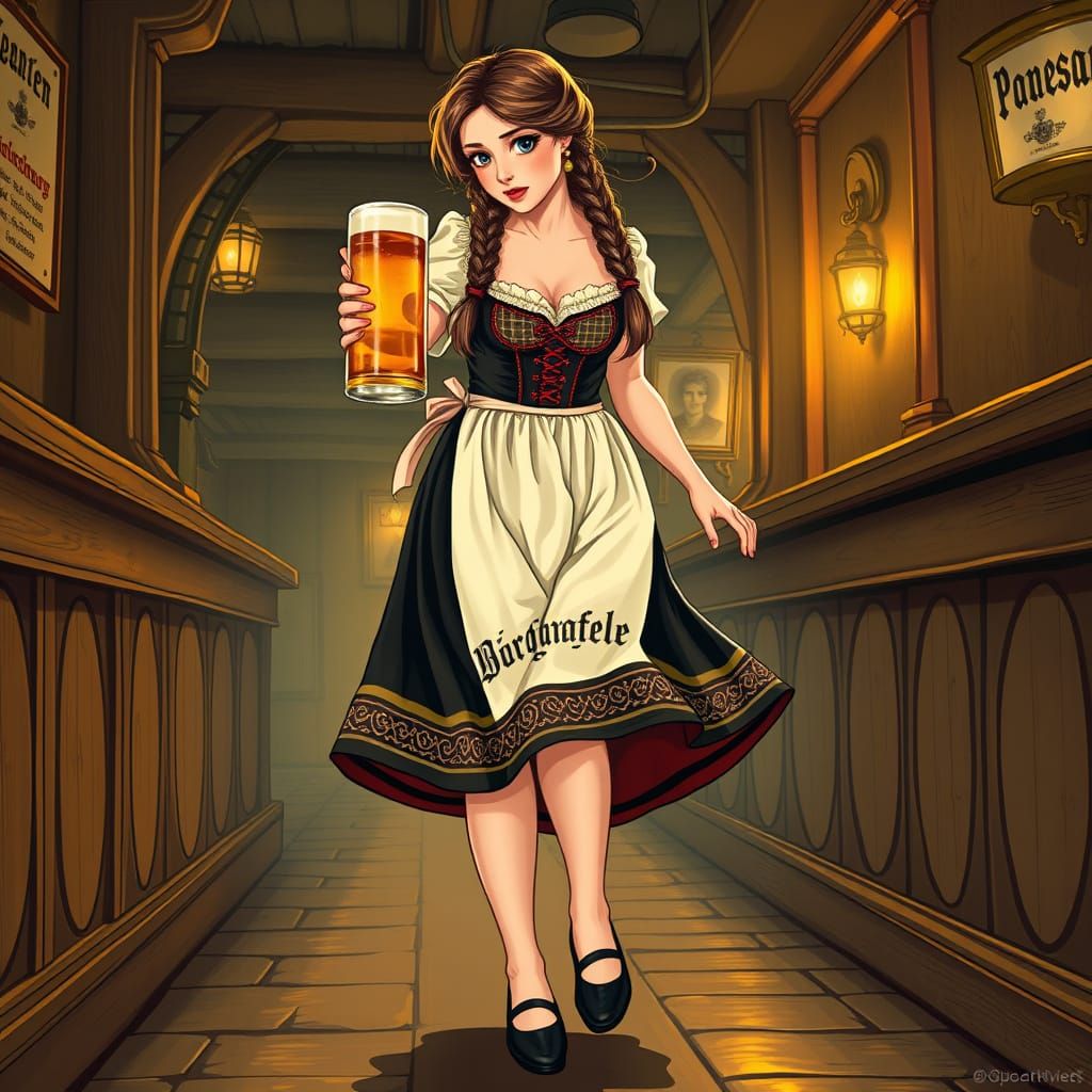 Vibrant Bavarian Barmaid in Folk-Art Style
