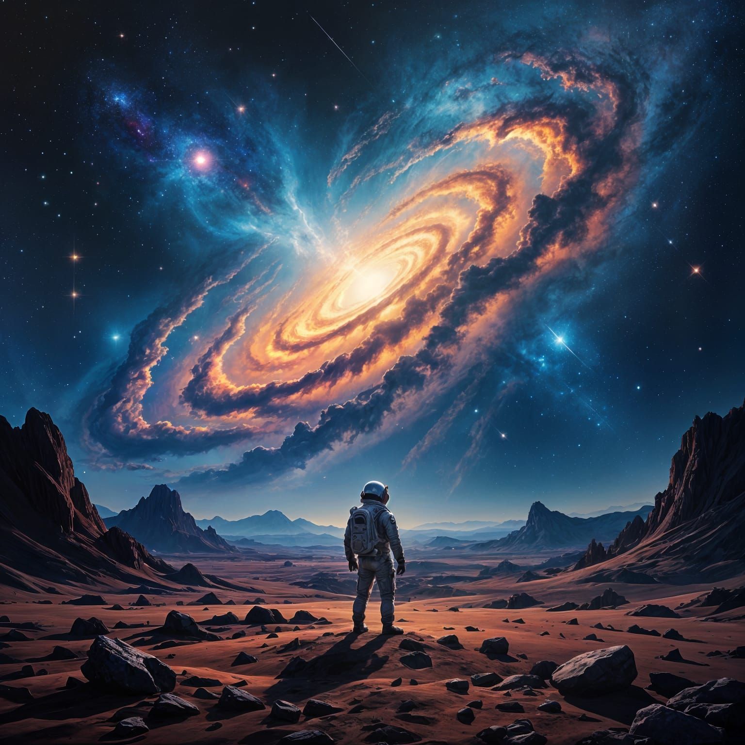 Astronaut Gazing at Nebula: Oil Painting