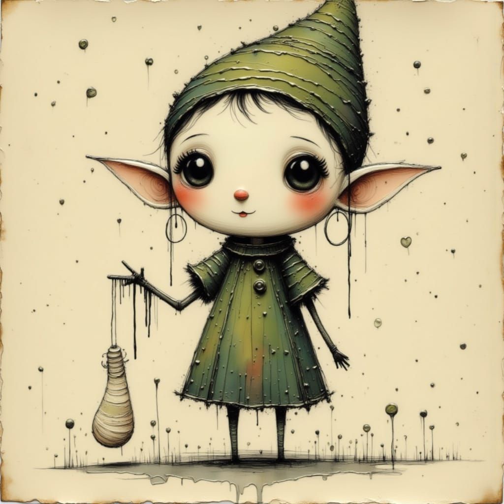 Dobbie the House Elf Holding a Sock, Watercolour and Pencil