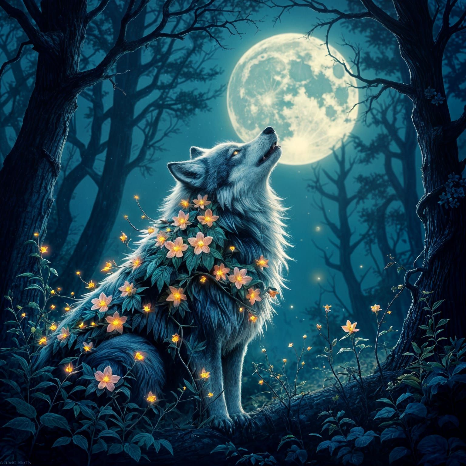 Floral Wolf Howling at Moon in Dark Fantasy Style