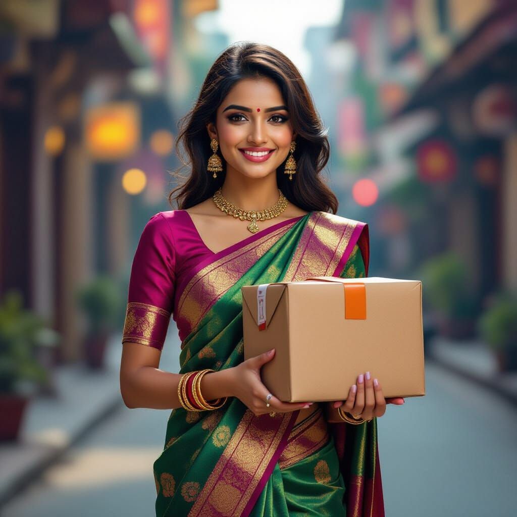 Realistic 3D Indian Delivery Girl in Saree
