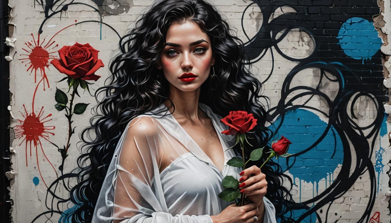 Woman with Red Rose in Graffiti Style