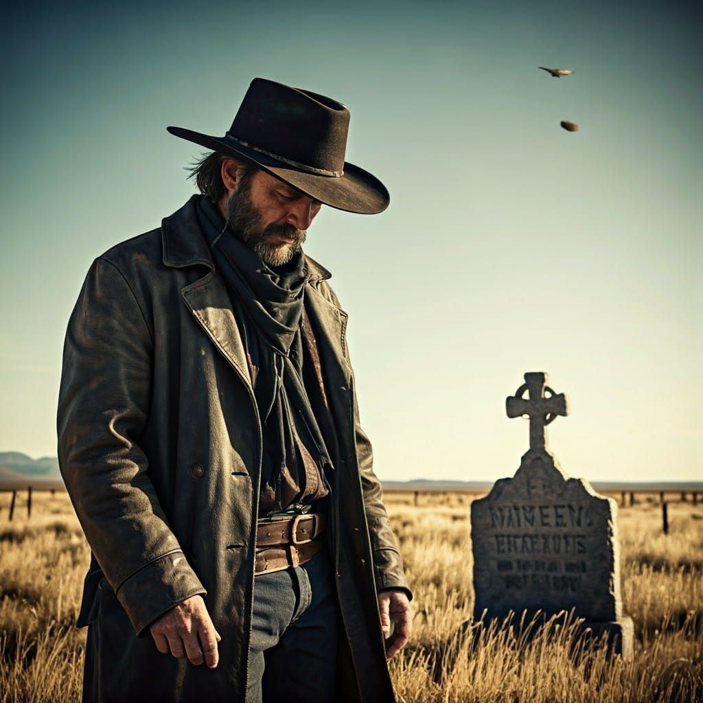 Contemplative Cowboy at Windswept Grave: Cinematic Western S...